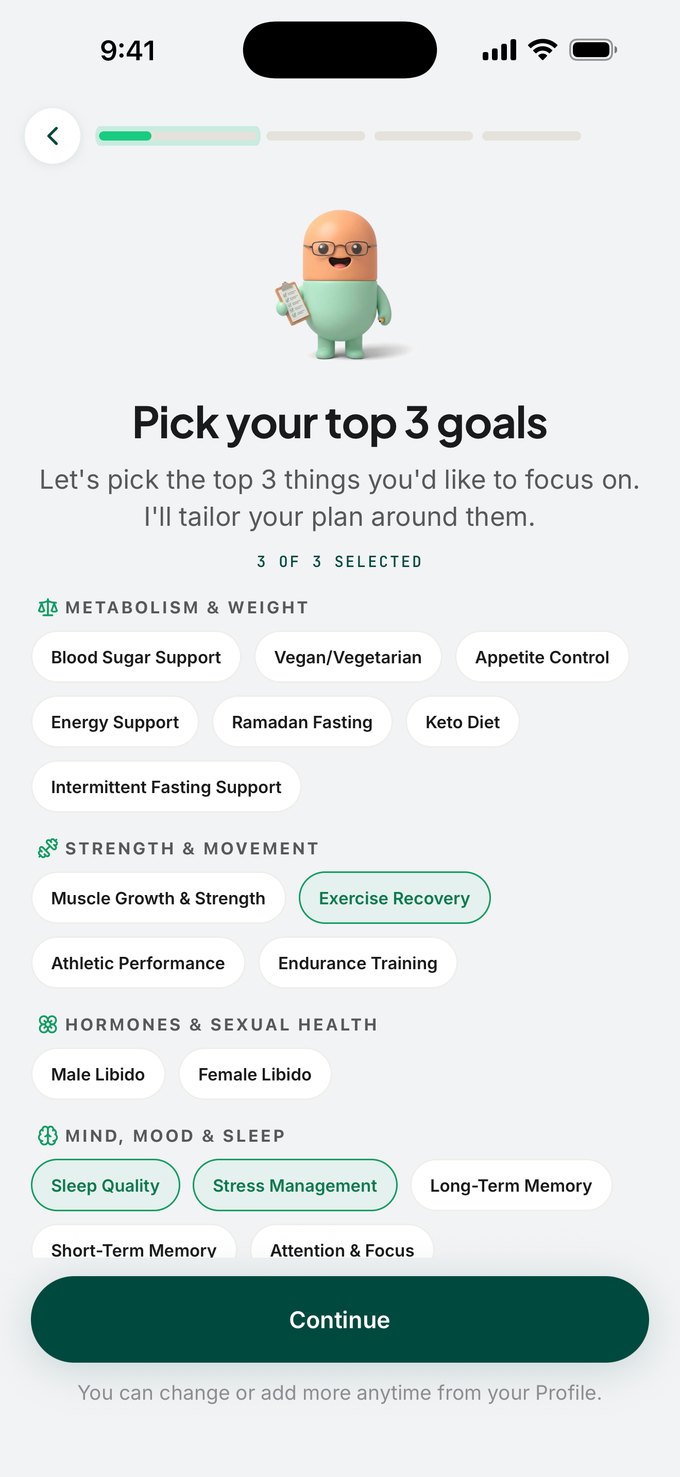 The setup interview asking “Pick your top 3 goals”, with Exercise Recovery, Sleep Quality, and Stress Management selected out of goals grouped by category