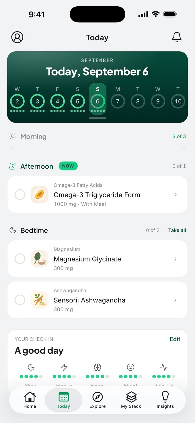 Today's schedule split into Morning (3 of 3 taken, collapsed), Afternoon (Omega-3, 1000 mg with meal), and Bedtime (Magnesium and Ashwagandha, with a Take all shortcut), above the daily check-in card