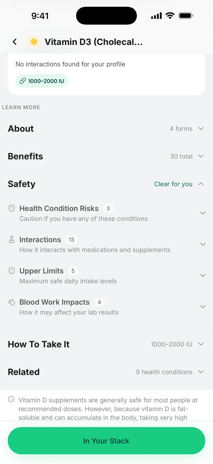A Vitamin D3 page reading “Safe for you — no interactions found for your profile”, with its safety review broken into health condition risks, 13 interactions, 5 upper limits, and blood-work impacts
