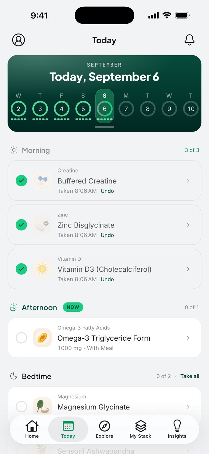 The app's Today screen: a six-supplement day split into morning, afternoon, and bedtime routines, with the morning items already logged