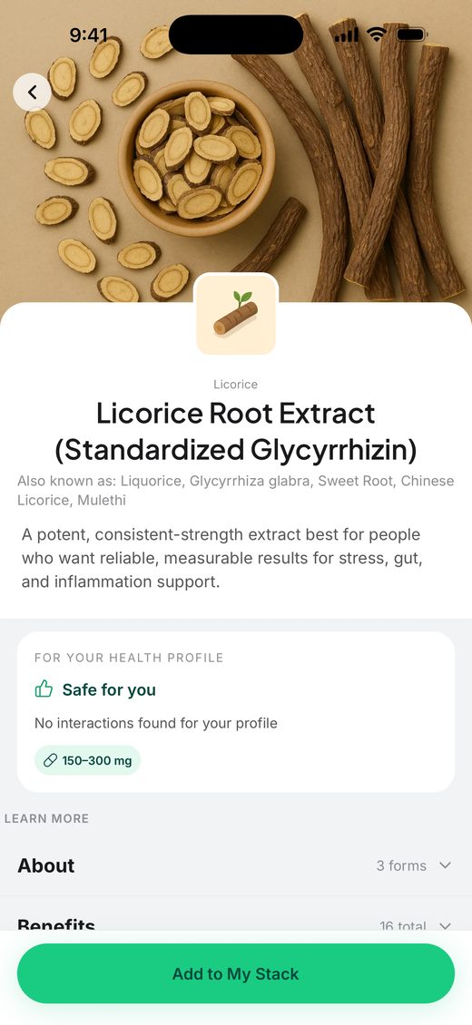 The Licorice Root Extract page for a reader with no conditions: a “For your health profile” panel reading “Safe for you — no interactions found for your profile”, a 150–300 mg dose, and an Add to My Stack button