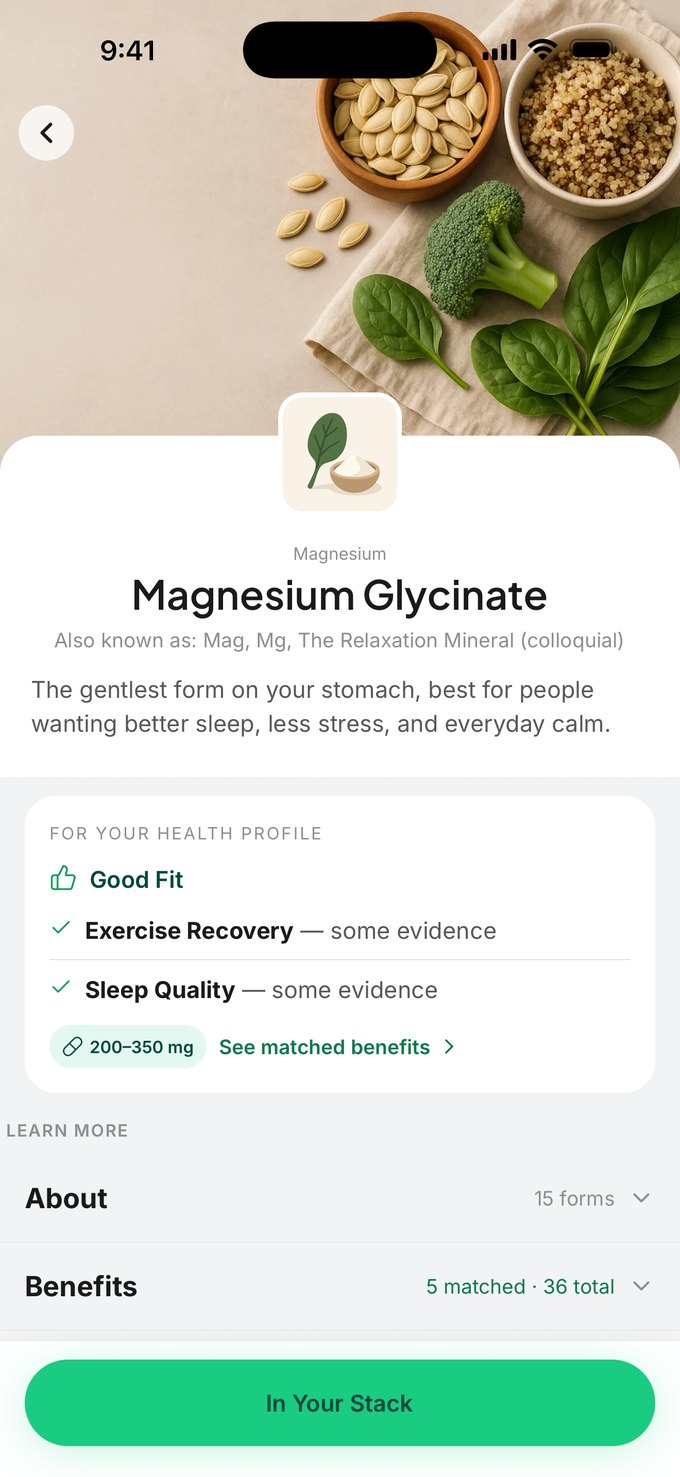 A Magnesium Glycinate page reading “For your health profile — Good Fit”, matched to Exercise Recovery and Sleep Quality with “some evidence” on each, and a 200–350 mg dose